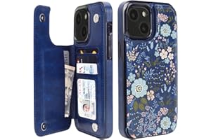 uCOLOR Compatible with iPhone 15 Plus 6.7 inch Wallet Case with Card Holder Slot Folio Flip PU Leather Kickstand Double Magnetic Clasp and RFID Blocking Design Cover 6.7'' (Navy Blue Flowers)