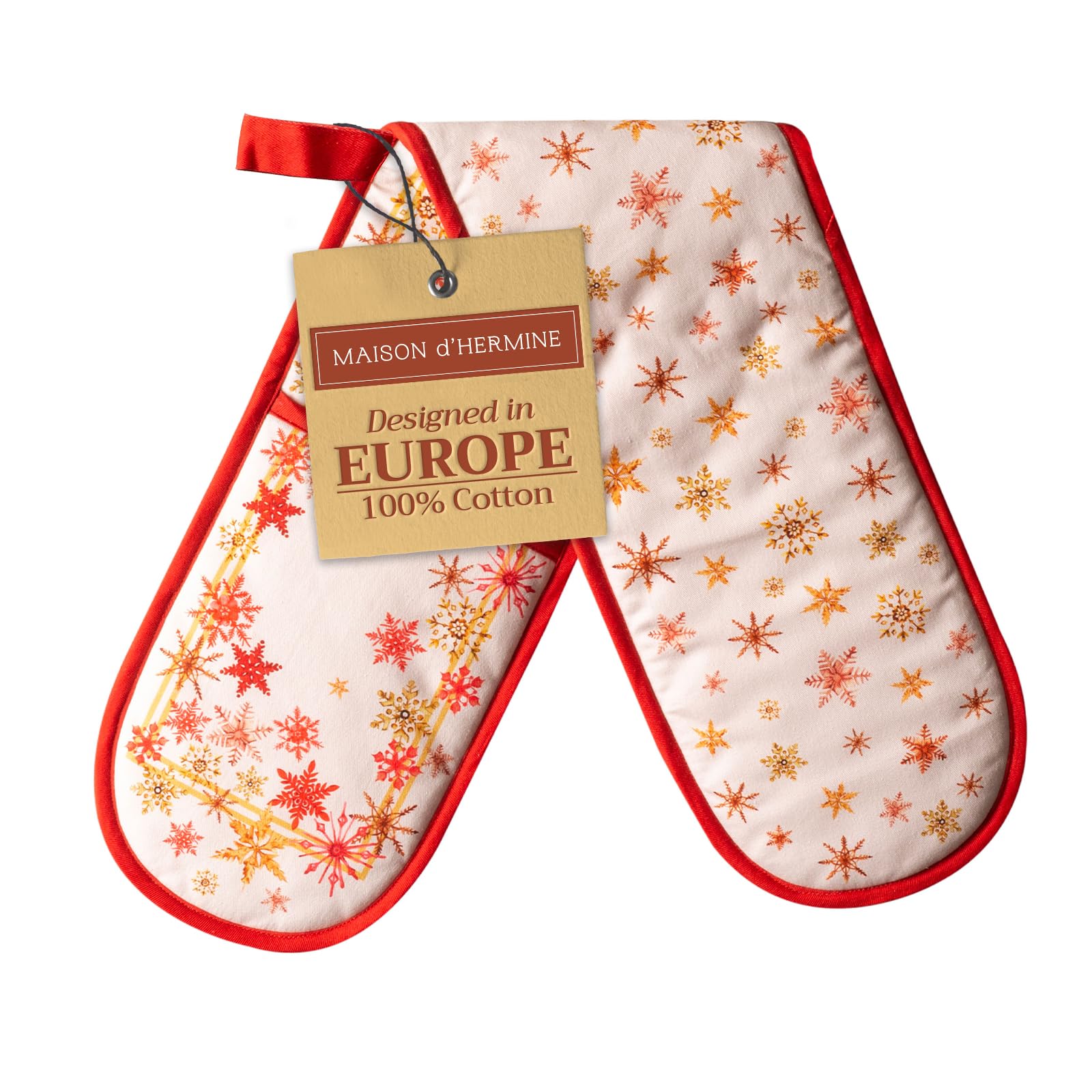 Maison d' Hermine Double Oven Mitt (18 cm x 89 cm) 100% Cotton Heat Resistant BBQ Cooking Gloves with Loop for Christmas Decorations Baking Cooking Barbeque Handling Hot Pan (Crystal Star)