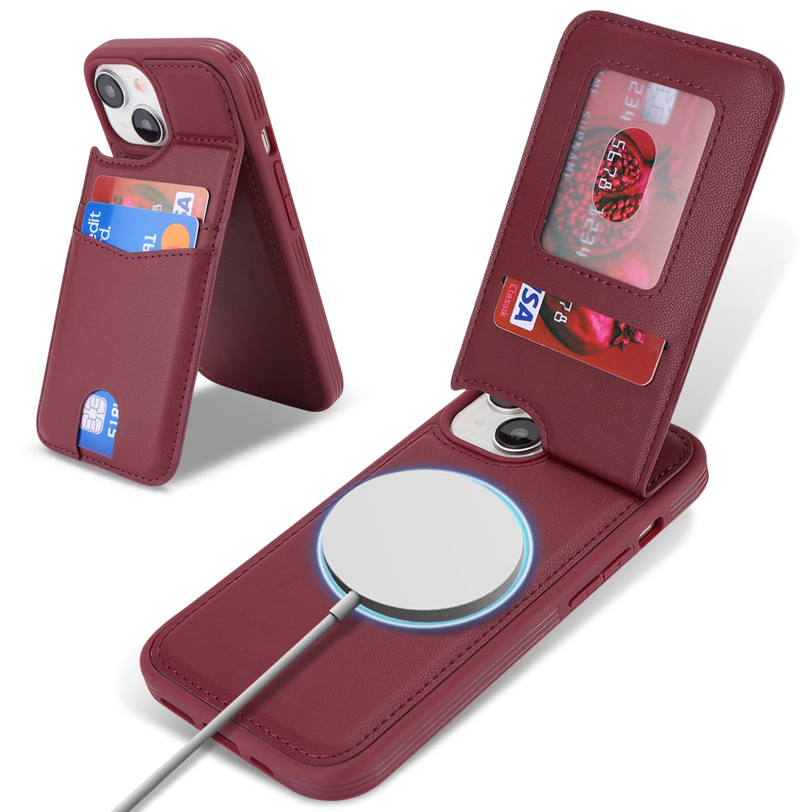 Photo 1 of ?????? case for iPhone 15 magsafe Wallet Compatible with Card Holder Back Credit Slots PU Leather Stand Shockproof Phone Cover for Women and Men-Wine Red