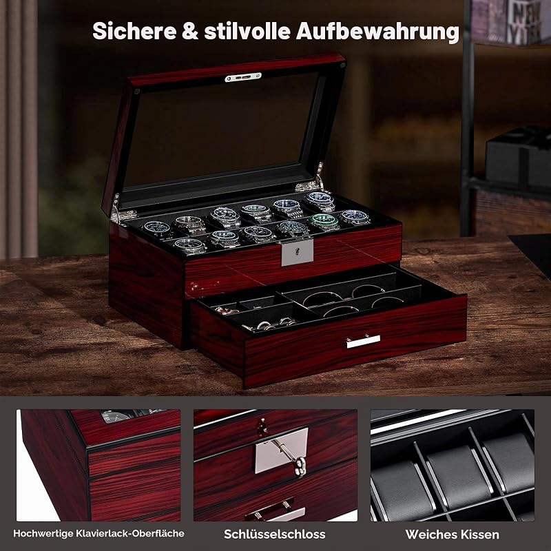 Uhrenbox 12 Fächern für Herren,2 Ebenen Uhrenkasten mit Glasdeckel