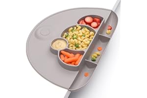 PrimaStella Unbreakable Silicone Platemat - Divided Toddler Plate, Placemat and Food Catcher All-in-one (Stone)