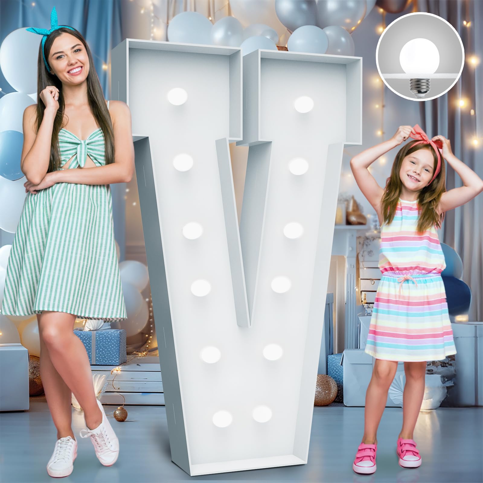 Photo 1 of 4FT Marquee Light Up Letters - Cool White Light Up Letters V with Fixed Water Bag, Party Decoration Large Marquee Light Up Letters can Be Used for Wedding Decoration, Birthday Party Decoration