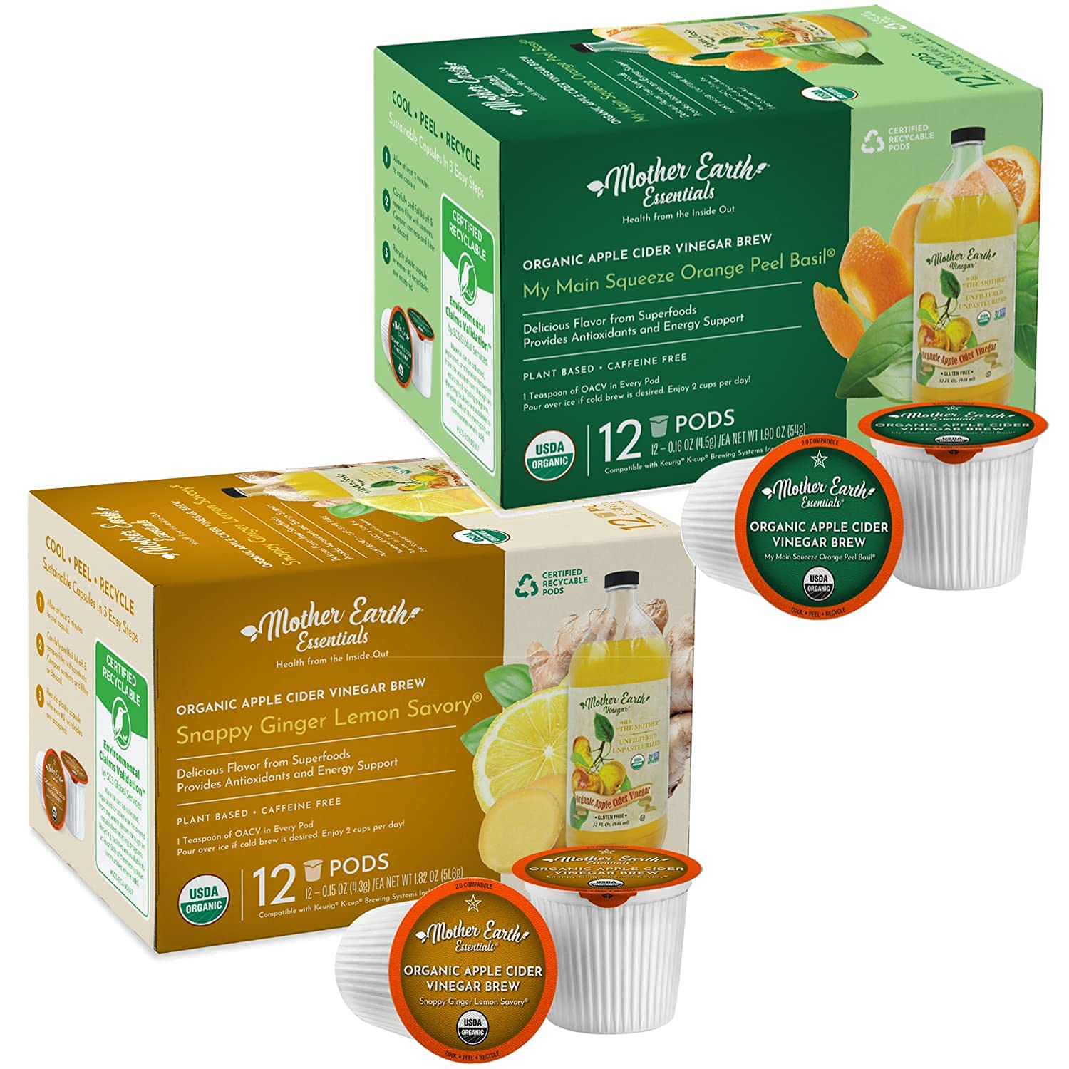 Mother Earth Essentials Superfood Tea GINGER LEMON & ORANGE BASIL infused with Organic Apple Cider Vinegar with The Mother. Get your daily dose with organic fruit & herbs. (12 Tea Pods of each flavor)