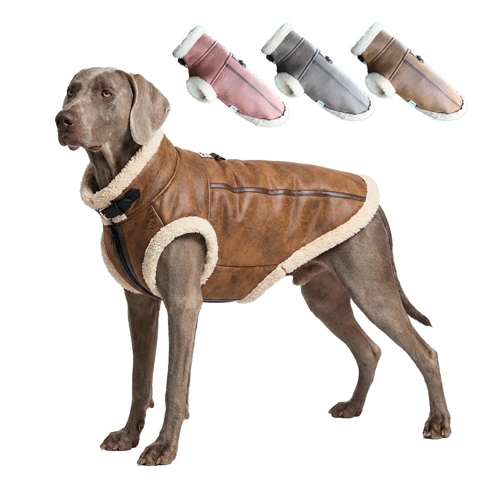 Photo 1 of LUVMOJO Retro Aviator Dog Jackets – Faux Leather Winter Coats with Sherpa Fleece Lining for Puppy, Windproof Bomber Outfit for Giant Breed Doggy, Motorcycle Coat for Boy & Girl Pets, Coffee XXX-Large