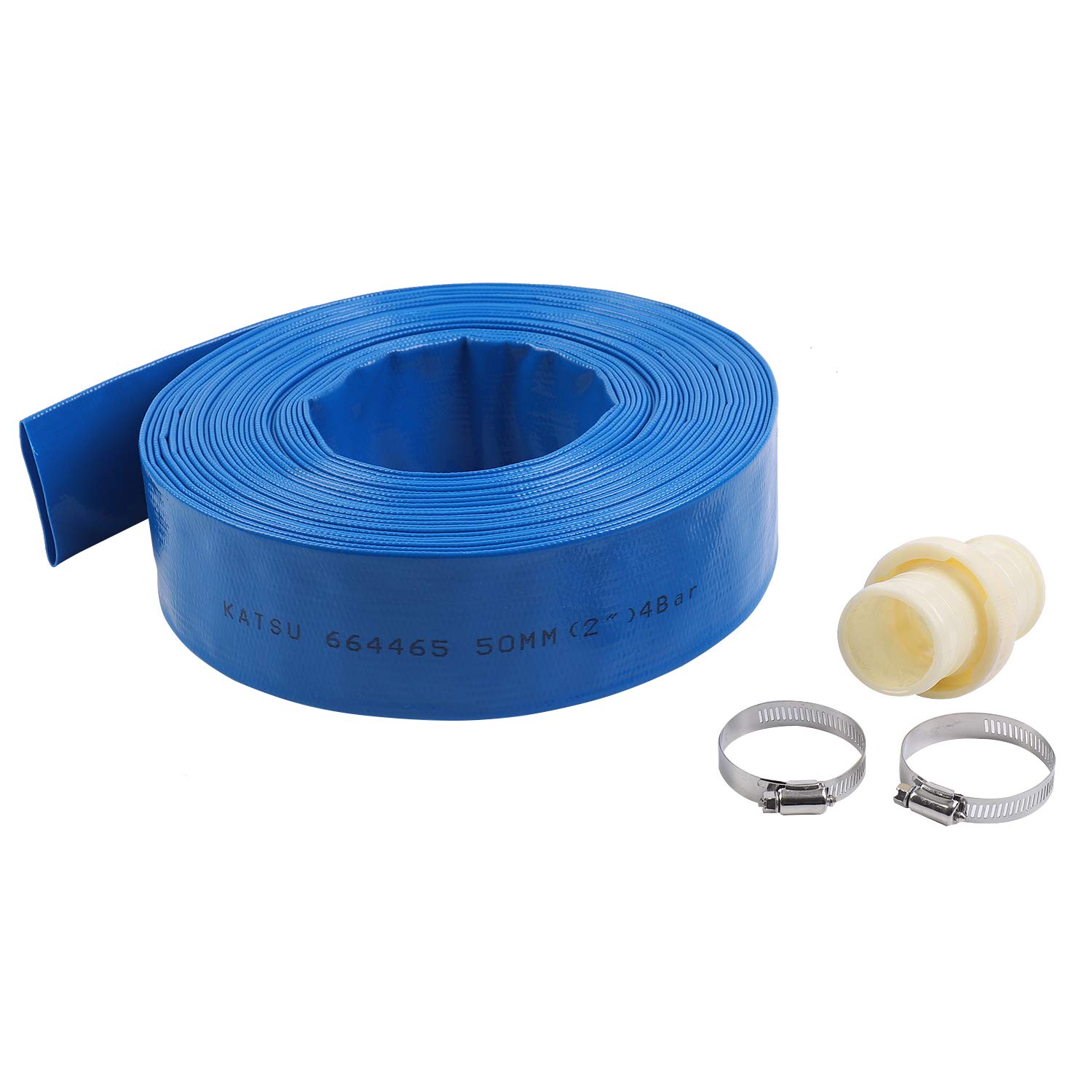 KATSU Layflat Discharge Hose Pipe 20m x 50mm 2-Inch Diameter with 2 Clips and Quick Coupler Connector, Fits Submersible & other Water Pumps for Draining Pond, Garden Irrigation, Hot Tub, Swimming Pool