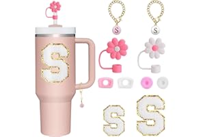 BABORUI 10Pcs Cup Accessories for Stanley Cup 40oz&30oz, Personalized Decoration with Straw Cover Cap, Spill Stopper, Embroidered Letter Sticker and Letter Charms, Initial Name ID for Stanley (S)