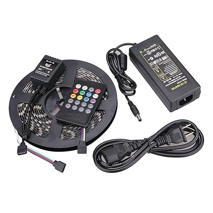 NEWSTYLE Black PCB 16.4 Feet Waterproof SMD 5050 RGB LED Strip Light 300 Leds Multicolored Color Changing Flexible Lights + 12V 5A Power Supply + 20 KEYS IR Music Remote Controller