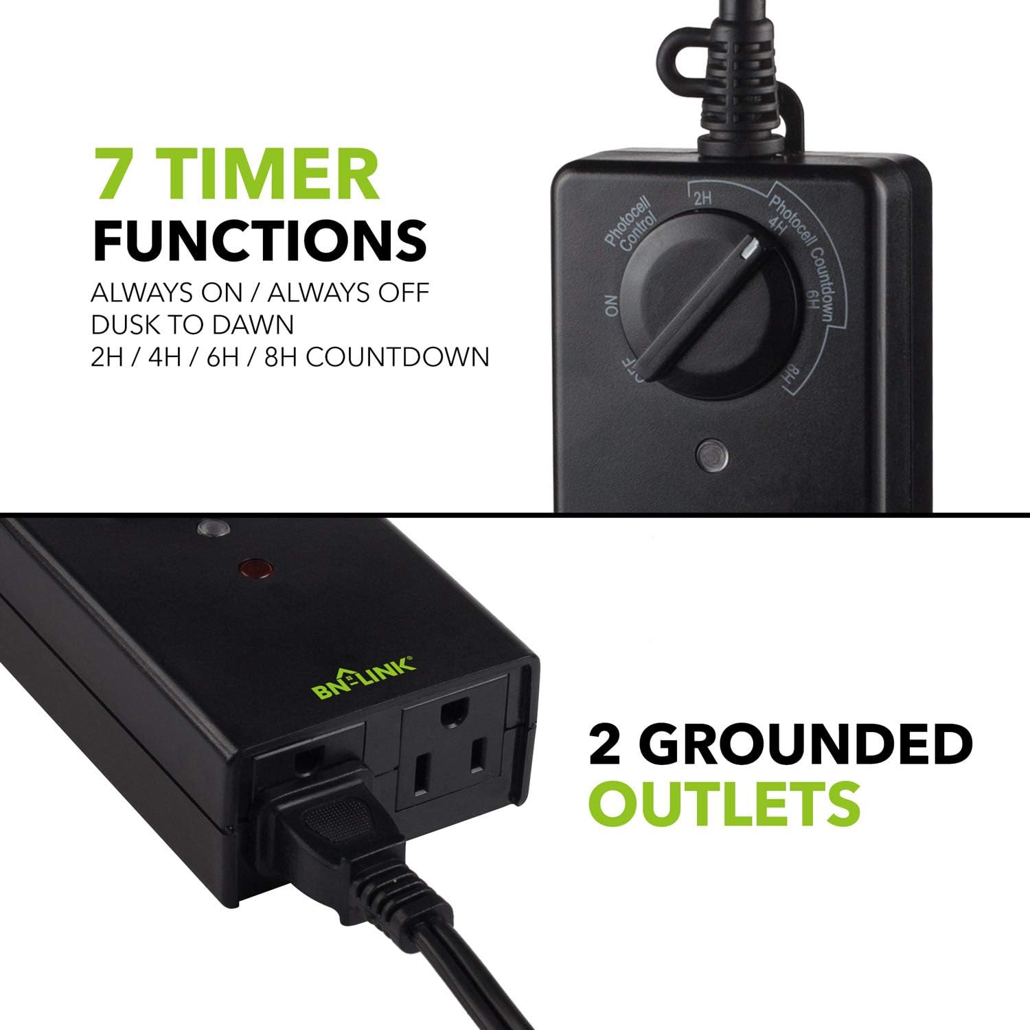 BN-LINK Outdoor 24-Hour Timer With Photocell Light Sensor, Water Resistant Photoelectric Countdown Timer(2, 4, 6 or 8 Hours Mode), Weatherproof, Two (2) Grounded Outlets for Home and Garden, Black - - 