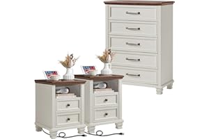 SAVOR LIFE Farmhouse Dresser and Nightstand Sets 3 Piece, 5 Drawer Dresser & 2 Drawer Nightstand Set, Rustic Wood Bedroom Furniture Set for Home, Bedroom, Hallway, White