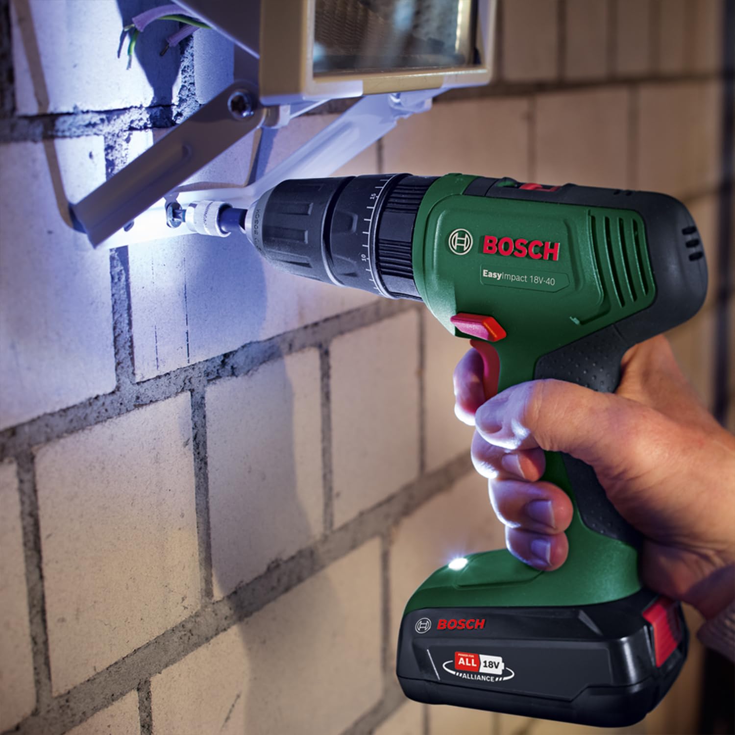 Bosch EasyImpact 18V-40 Cordless Hammer Drill (Screws, Drilling in Wood, Metal and Plastic; Impact Drilling in Masonry; 241-Piece Bit Set; 1 Battery 1.5 Ah; 18 Volt System; in SystemBox)