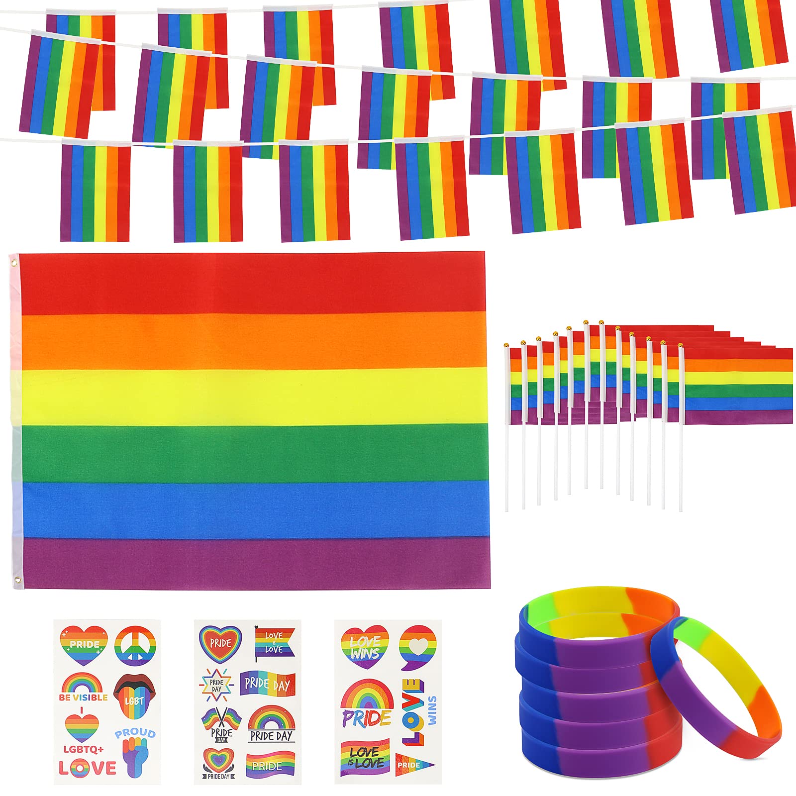 Homgaty Pride Flag, 23PCS Pride Bunting- 5FTx3FT LGBT+Gay Pride Flags Lesbian Bisexual Flags, Pride Bracelet Rainbow Stickers for Outdoor Bar Street Parade Pride Party Decor Accessories