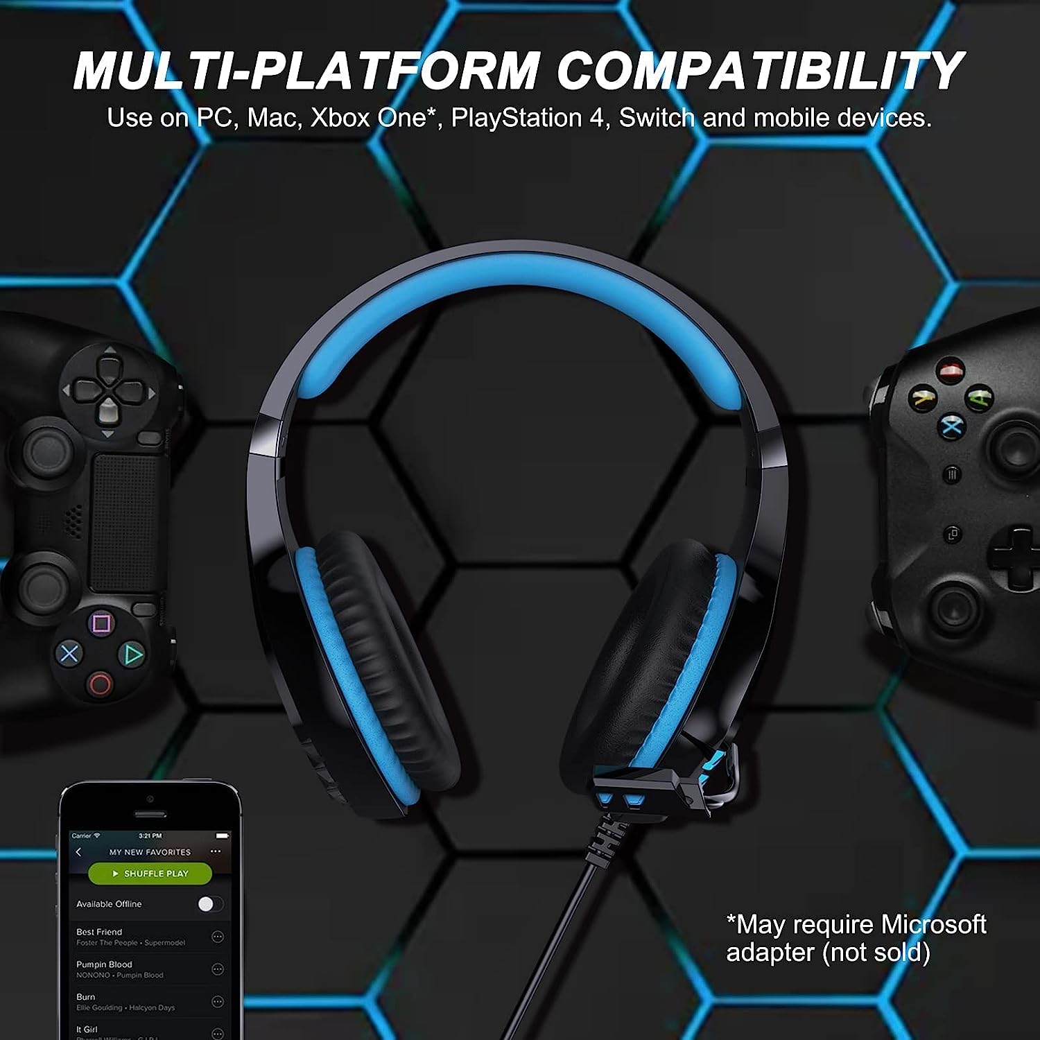 NPET 【2 Pack HS10 Stereo Gaming Headset for PS4 PC Xbox One PS5 Controller, Noise Cancelling Over Ear Headphones with Mic, LED Light, Bass Surround, Soft Memory Earmuffs Blue