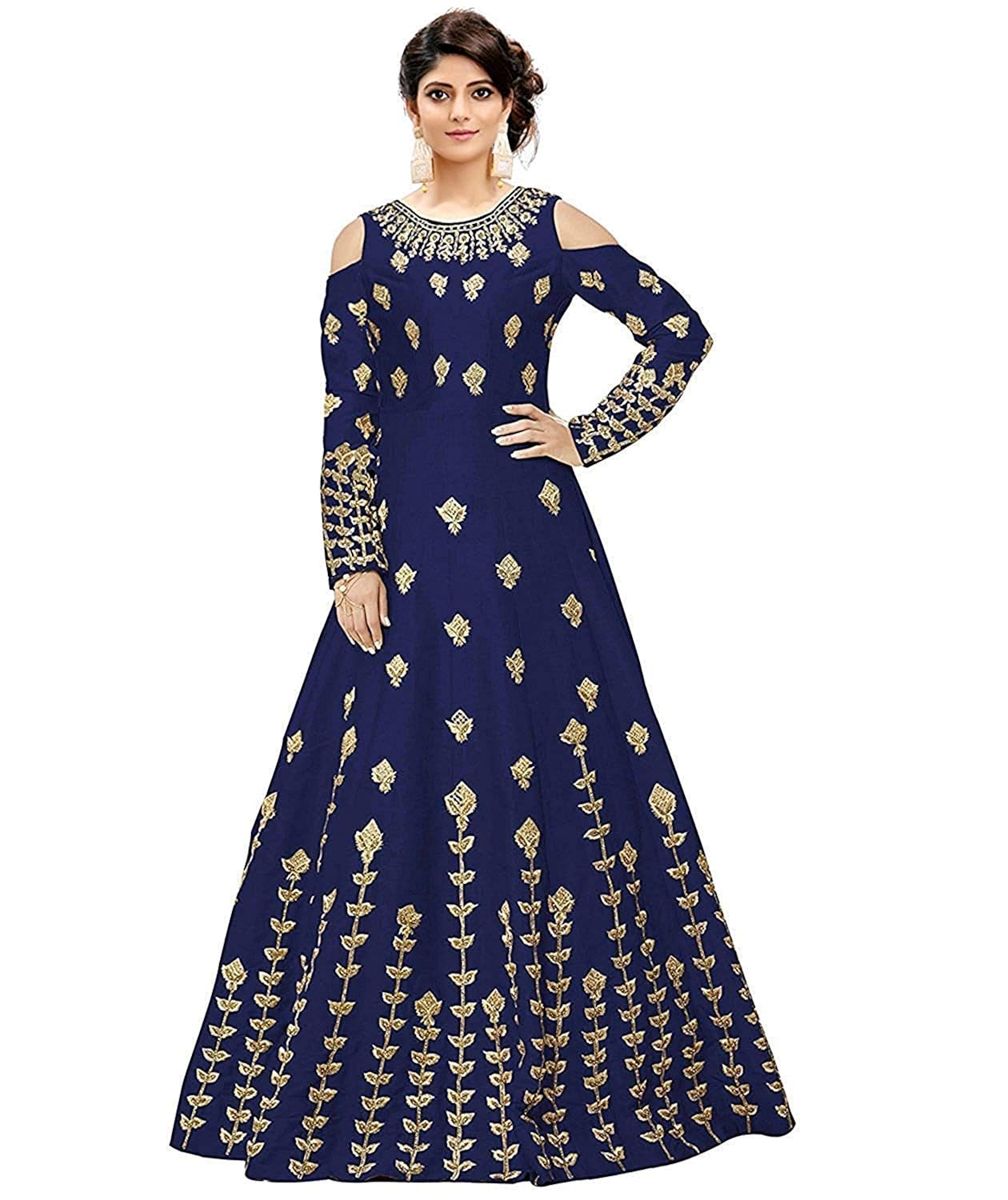 fast fashions women's taffeta silk anarkali gown (navy blue_free size_semi stitched)