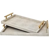 Modern Decorative Tray Set of 2 Ivory Shagreen Leather and Wood Serving Tray with Gold Polished Metal Handles for Ottoman, Coffee Table, Bathroom and More