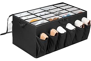 STORAGEIDEAS Shoe Organizer for Closet, Shoe Storage Solution with Clear Cover & Adjustable Dividers, Fabric Shoe Box Fits 16 +12 Pairs Shoes, Black, 1-Pack