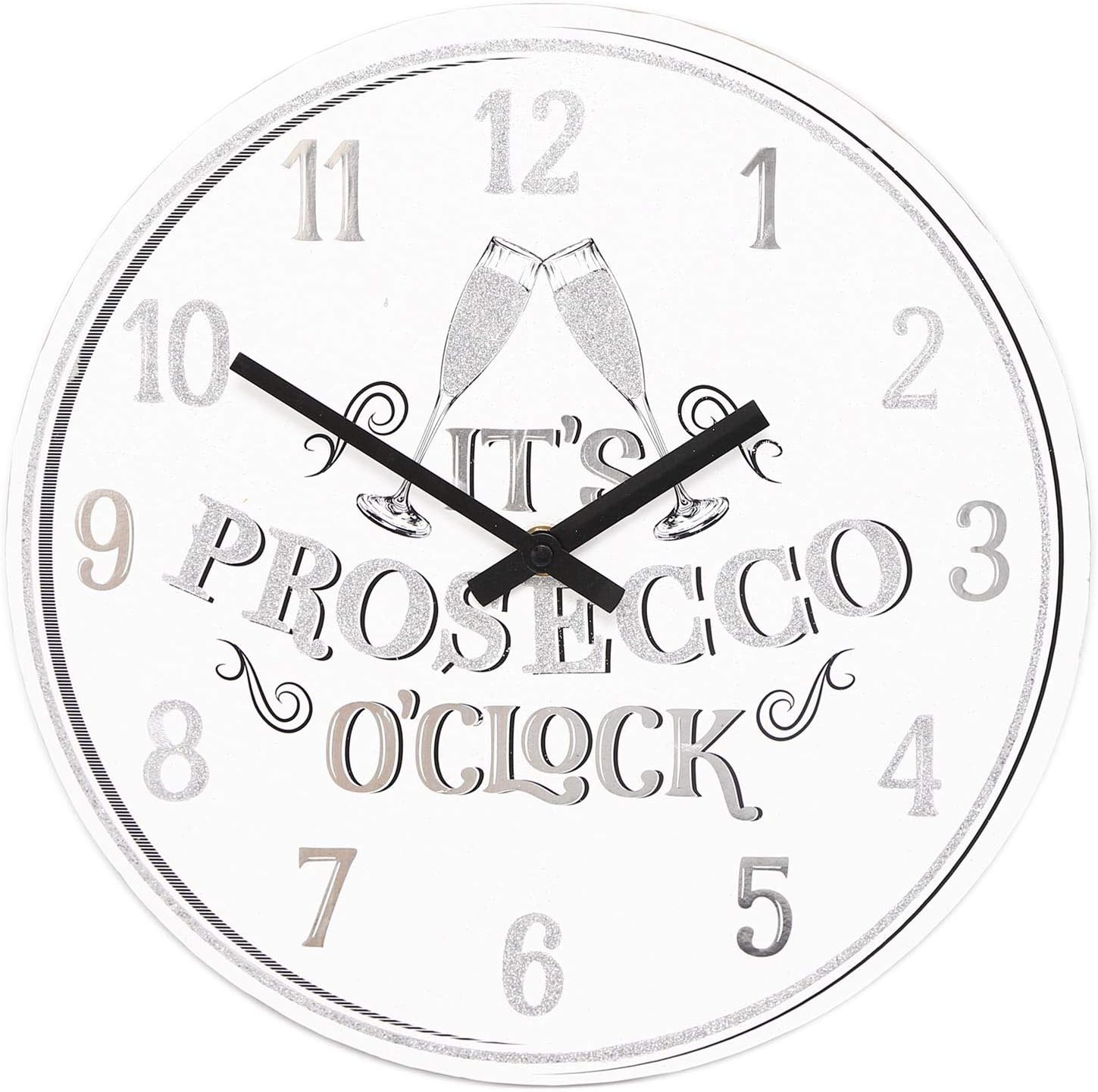 Carousel Home and Gifts It's Prosecco O'Clock Fun Novelty White Glitter Wall Clock 30cm