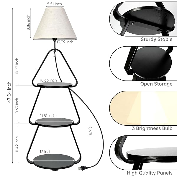 QUPUI FLOOR LAMP WITH SMALL ROUND SIDE TABLE, 3-TIER CIRCULAR END TABLE WITH STORAGE SHELF, ROUND CORNER COFFEE DESK NIGHTSTAND FOR LIVING ROOM BEDROOM SMALL SPACES, BLACK