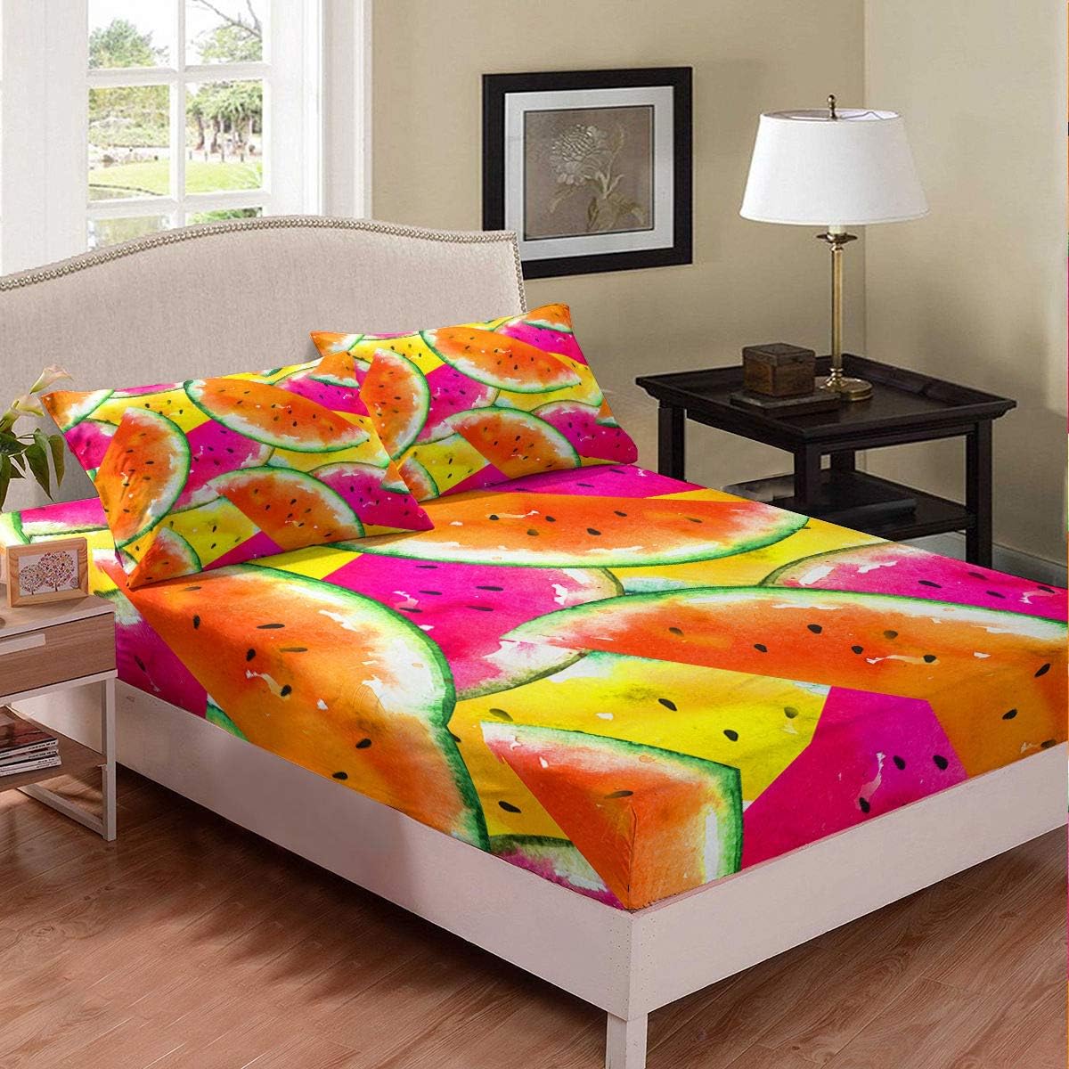 Erosebridal Watermelon Bedding Set, Food Fruit Fitted Sheet, Watercolor Watermelon Sheet Set
