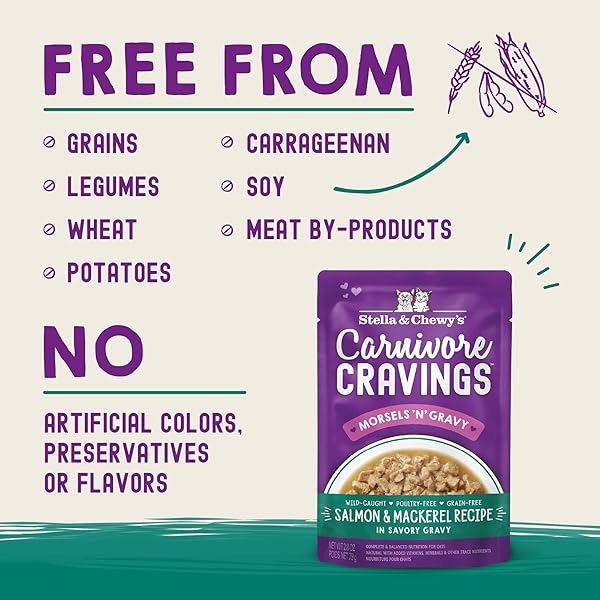 STELLA & CHEWY’S CARNIVORE CRAVINGS WET CAT FOOD POUCHES – PREMIUM SALMON & MACKEREL RECIPE – GRAIN-FREE MORSELS & GRAVY – PERFECT FOR PICKY EATERS – COMPLETE MEAL OR TOPPER – 2.8OZ, 12-PACK