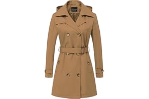 CREATMO US Women's Trench Coat Double-Breasted Classic Lapel Overcoat Belted Slim Outerwear Coat with Detachable Hood