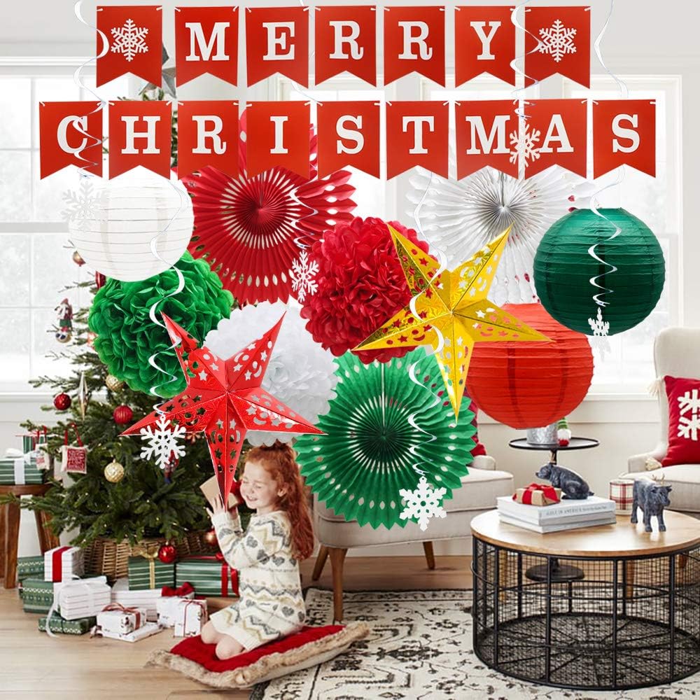 Christmas Party Decorations, Merry Christmas Banner, Hanging Swirls, Hollow Star Lanterns, Paper Fans, Pom Poms Flower Balls, Paper Lanterns for Birthday Wedding Xmas New Years Eve Party Supplies: Health & Personal Care
