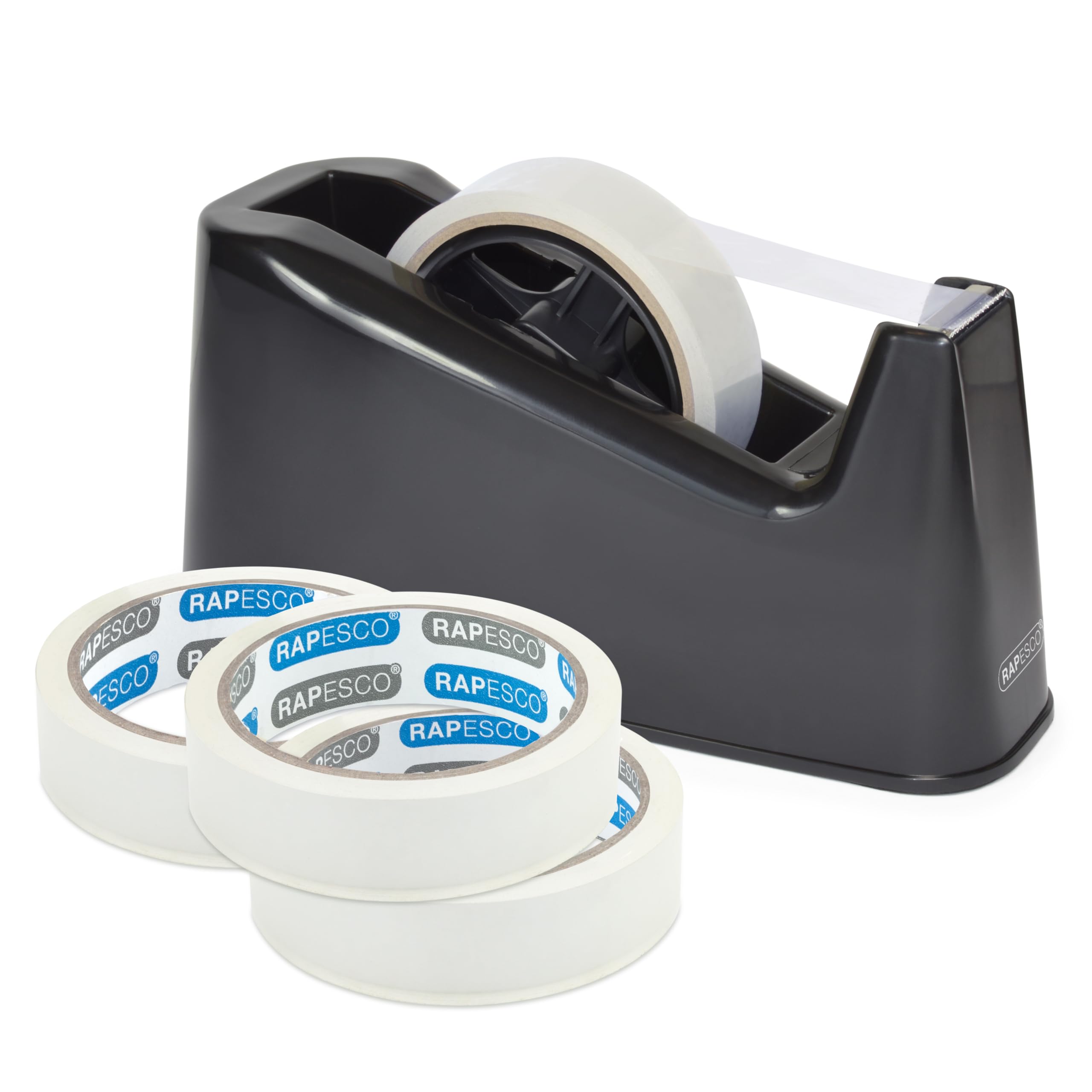 Rapesco 1639 500 Heavy Duty Tape Dispenser with 4 Clear Tape Rolls, Black