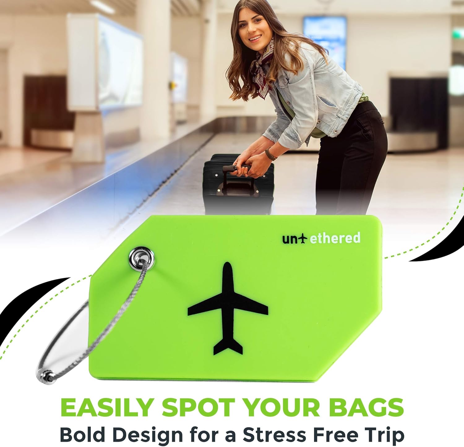 Untethered Luggage Tag Set | 4 Pack Flexible & Bright Silicone Baggage Tags for Travel & Suitcases. Includes Name Cards with Partial Privacy Cover & Stainless Steel Loops for Secure Fastening (Green): Office Products