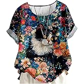 MARSVOVO Funny Cat Blouse Women Cute Print Short Sleeve Casual Tunic Tops for Women Loose Fit Dressy Decorative Buttons