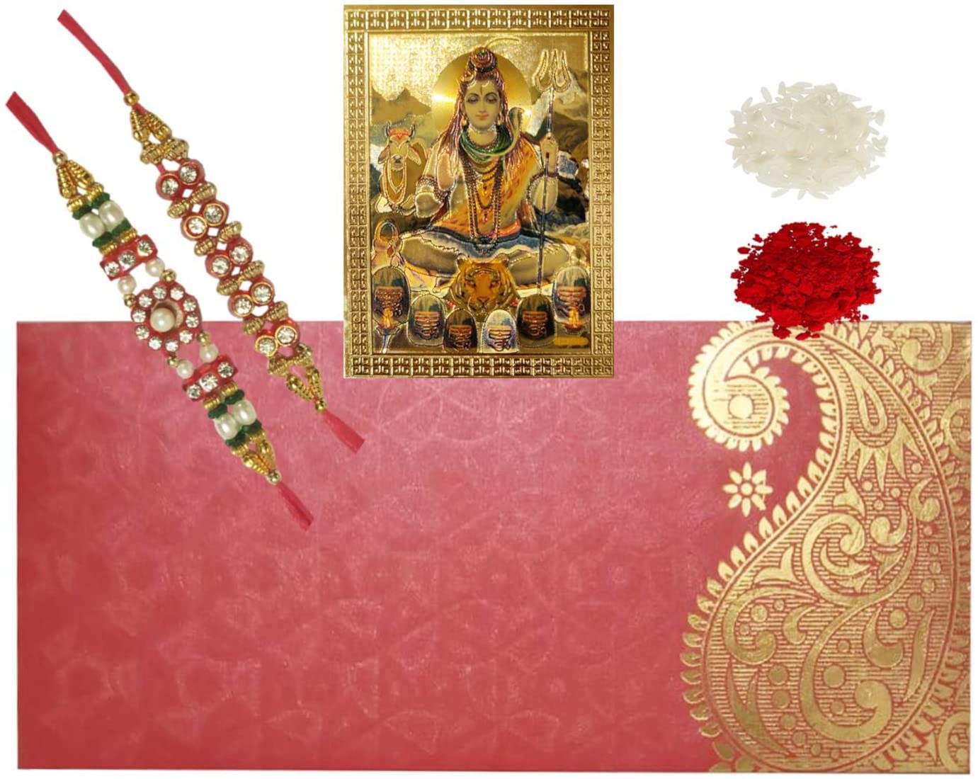 Purpledip Bhai Dooj Rakhi Set for Brother: 2 Rakshabandhan Bracelets, Siva Shiva Sticker, Roli Chawal Tika (rakhi80f)
