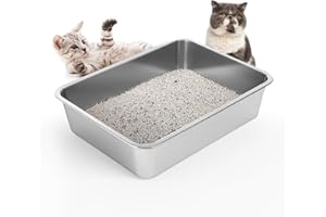 LIHONG Stainless Steel Cat Litter Box for Cat and Rabbit, Odor Control Litter Box Non Slip Rubber Feet. Odor Control, Non Stick, Never Bend 16" L x 12" W x 4" H