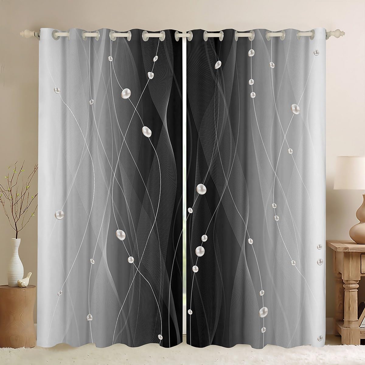 Homemissing Grey and Black Darkening Drapes Strip Lines Curtains for Bedroom Living Room For Kids Women Men Ombre Pearl 30%-50% Blackout Curtains Geometric Window Treatments W66*L72