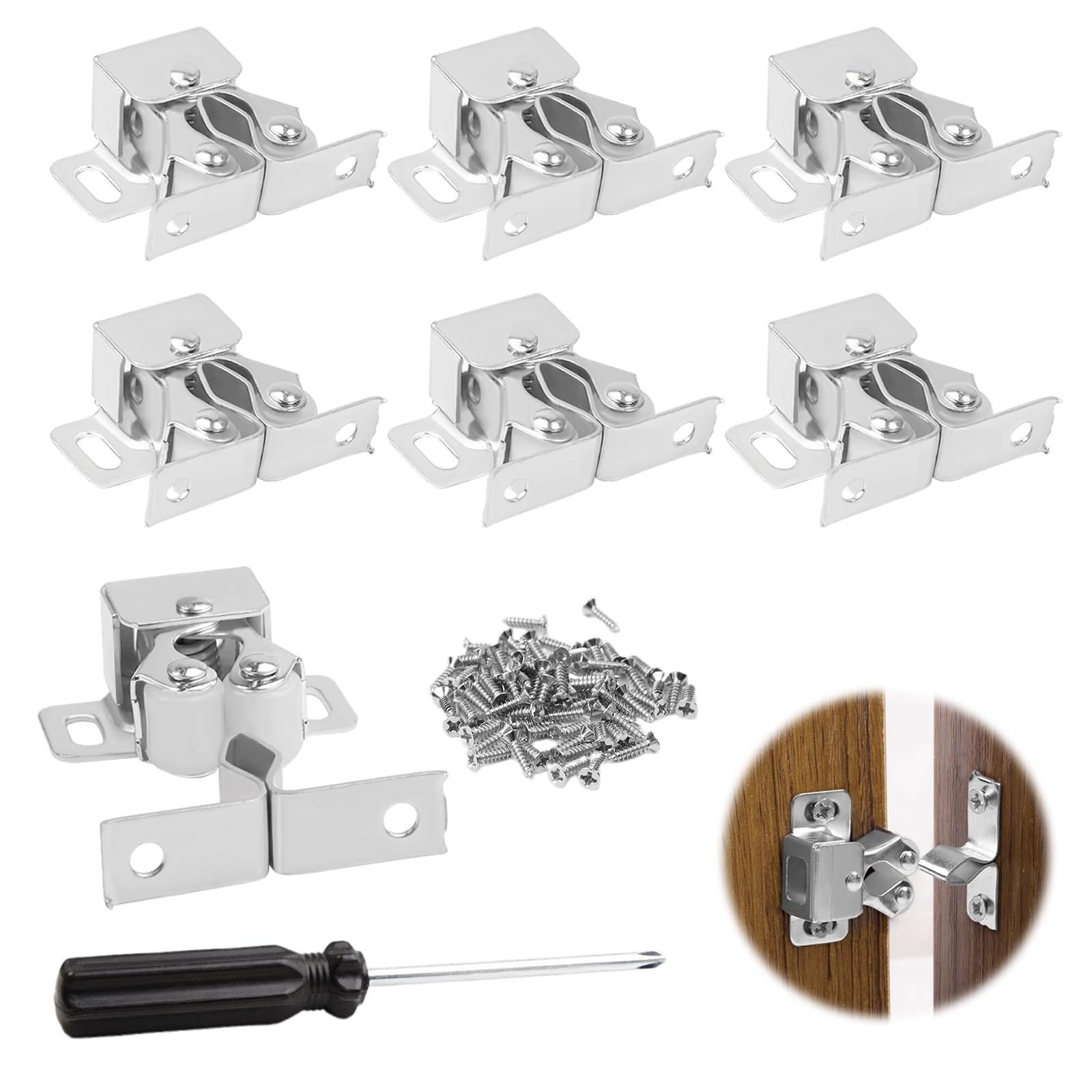 QINGHEC 10 Pcs Roller Catch Cupboard Cabinet Door Latch Twin Double Catches, Double Roller Door Catch with Screw, Strong Hold Kitchen Cabinet Door Catches for Cupboards Closet Wardrobe-Silver