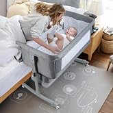 3 in 1 Baby Bassinet Bedside Sleeper, Adjustable Portable Crib with Wheels | Adjustable Height, Portable with Wheels, Convertible Infant Cradle Rocking, Storage Basket, Mosquito Net
