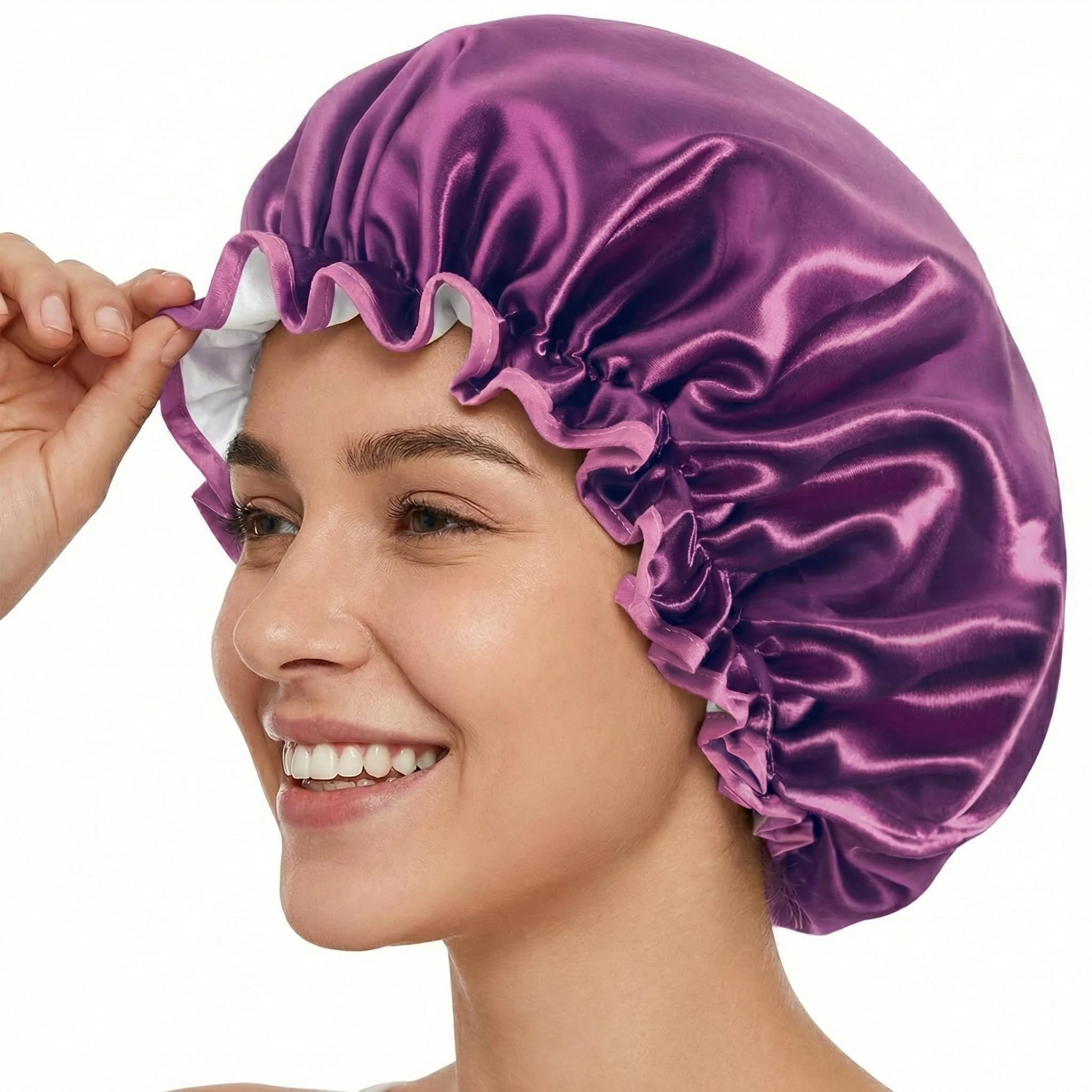 Aquior Shower Caps, Reusable Shower Cap for Women, Double Layer Waterproof Hair Cap, Large Size for All Hair Lengths,for Girls Spa Home Salon Use (Purple)