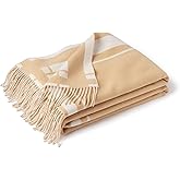 State Cashmere Reversible Throw Blanket with Fringes - Ultra Soft Accent Blanket for Couch, Sofa & Bed - Made with Merino Wool & Cashmere Sourced from Inner Mongolia - (Camello/Beige, 70"x50")