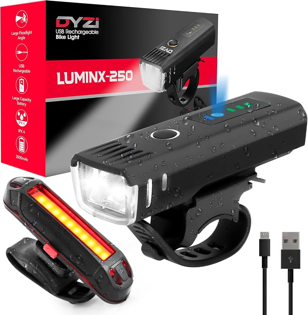 DYZI Bike Light Set USB Rechargeable Front & Back 4 Modes Daylight Sensor