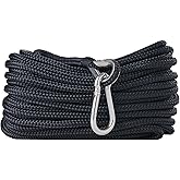 RainierSupplyCo Boat Anchor Rope - Double Braided Marine Rope Anchor Line - 50 ft x 1/4 Inch Nylon Boating Line with 316 Stainless Steel Thimble and Heavy Duty Marine Grade Snap Hook - Black