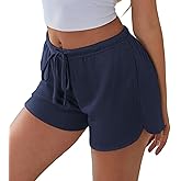 Ekouaer Womens Waffle Knit Pajama Shorts Soft Drawstring Lounge bottoms Casual Workout Shorts with Pockets