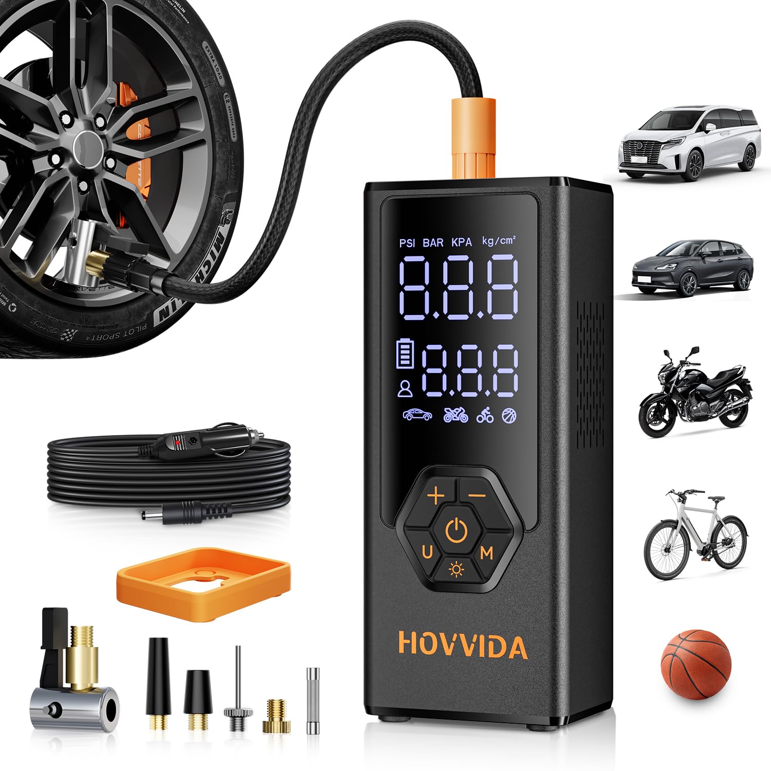 HOVVIDA Tire Inflator Portable Air Compressor, Air Pump for Car Tires, 7800 mAh Battery, 12V DC, 150 PSI, 40L/min Air Flow, Fast Inflation, Portable air pump for MPV, SUV, Car, Motorcycle, Bike, Ball Image
