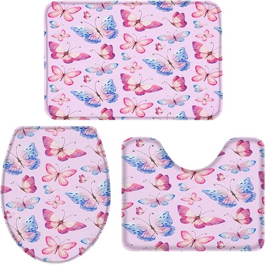 Amazon Com All Like Multi Color Bath Mat 3 Piece Bathroom Rugs Set Non Slip Soft Water Absorbent Fot Tub Butterfly Watercolor 20x32inch Bath Rug 16x20inch U Shape Contoured Mat 16x18inch Toilet Lid