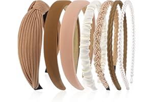 VELSCRUN 7 Pcs Different Headbands for Women Fashion Brown Knotted Solid Head Bands Pearl Headband Non Slip Hair Band for Womens Thin Thick Short Hair Face Wash Hair Accessories Gifts for Women Gilrs