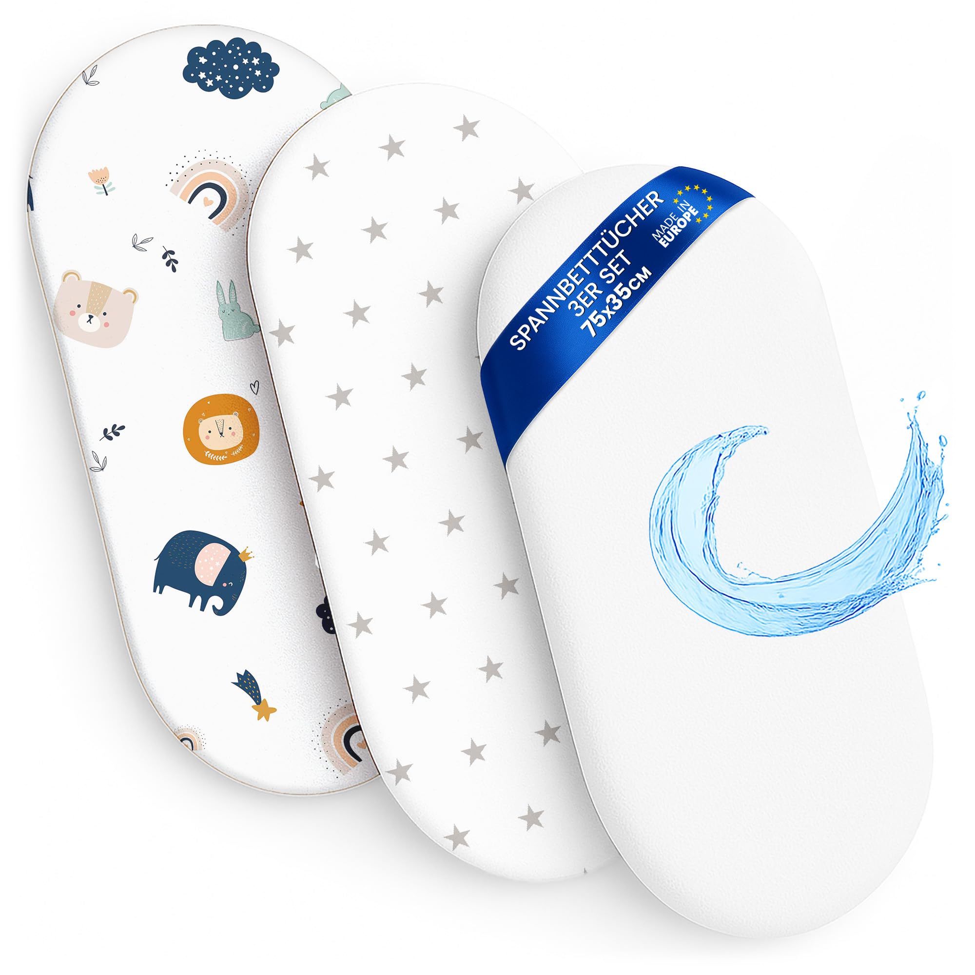 Sheet for Moses Basket Bassinet Crib and Fitted Set of 3: 35x75 cm - 2x Sheets + 1x Waterproof Mattress Protector Set Pram Bed Baby Cot Liner Cover Breathable 35 x 75