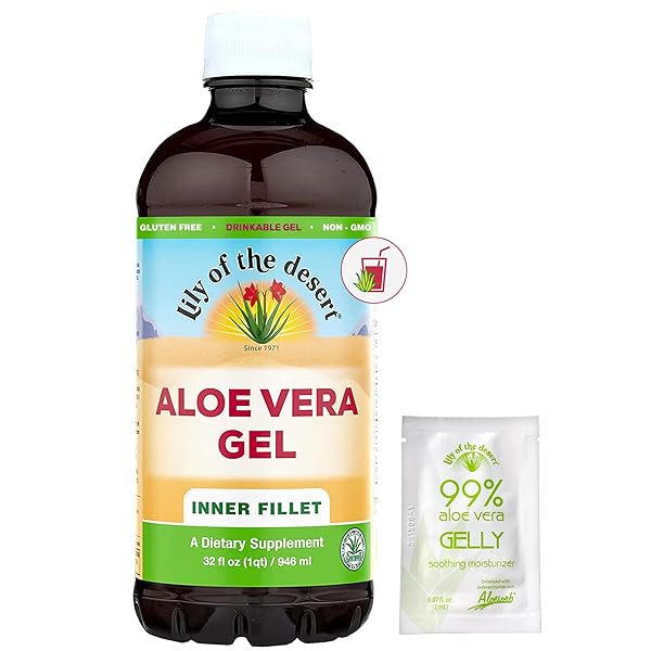 LILY OF THE DESERT ALOE VERA GEL – INNER FILLET FILTERED DRINK WITH NATURAL VITAMINS, DIGESTIVE ENZYMES FOR GUT HEALTH, STOMACH RELIEF, WELLNESS, GLOWING SKIN, 32 FL OZ, GELLY SACHET INCLUDED.