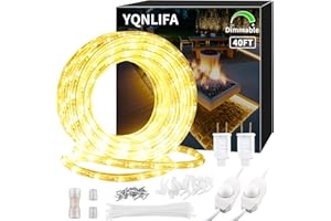 YQNLIFA 40ft LED Rope Lights, Dimmable 432 LEDs IP65 Waterproof Outdoor Indoor Linkable Cuttable Rope Light, 110V 3000K Warm White Christmas Rope Light for Patio Garden Corridor Home Party Decor