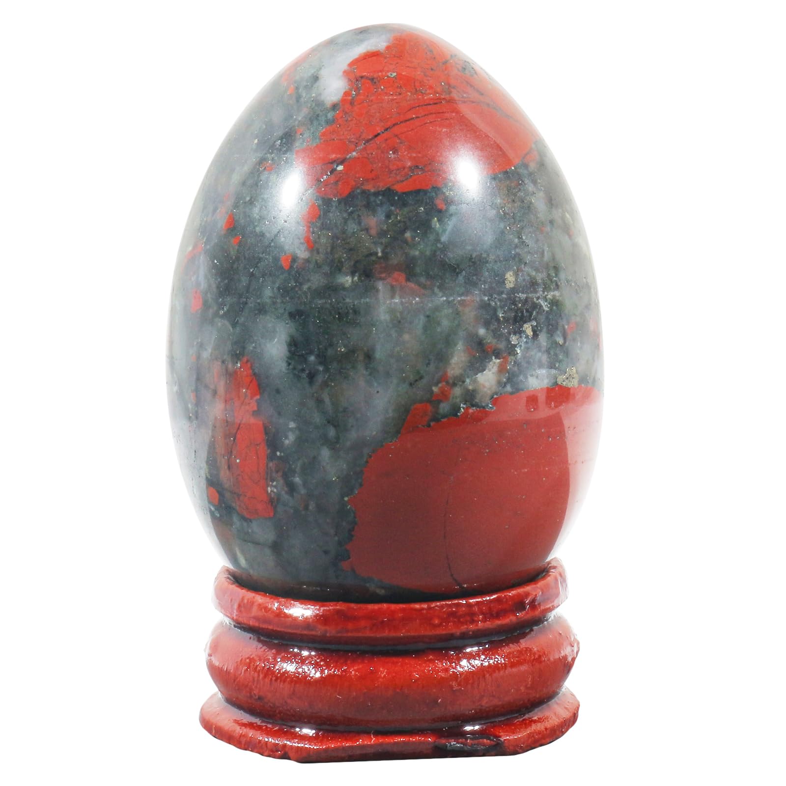 Ladeukoi Stone Egg Figurine, Polished Healing Crystal Easter Eggs Sphere Sculpture with Wood Stand, Natural Africa Bloodstone, 1.8"