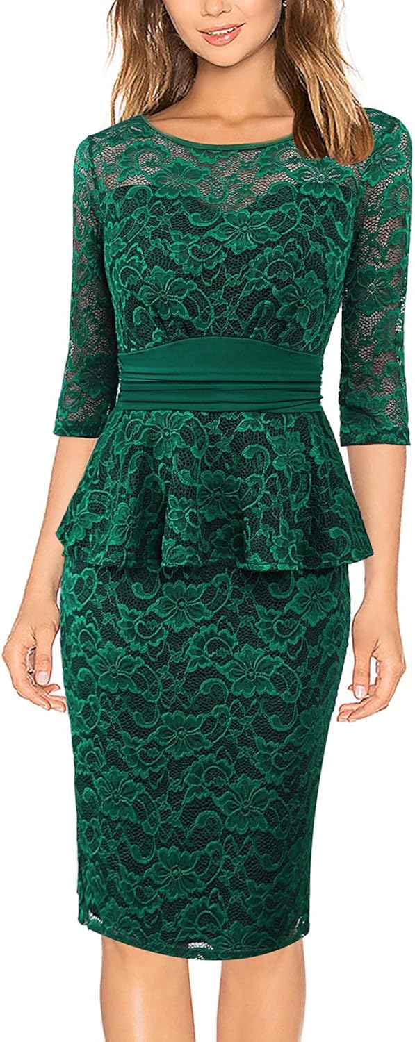 VFSHOW Womens Pleated Crew Neck Peplum Wear to Work Office Sheath Dress