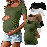 Baggyfly 4 Pack Women's Maternity Shirts Cotton Square Neck Pregnancy Tops Side Ruched Summer Short Sleeve Tees Multipack