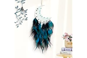 TEESHLY Moon Dream Catcher - Handmade Crescent Design Dreamcatchers for Room Wall Decor, Feather Hanging Boho Ornament for Home Decoration Festival Gift (Peacock Blue-Black)