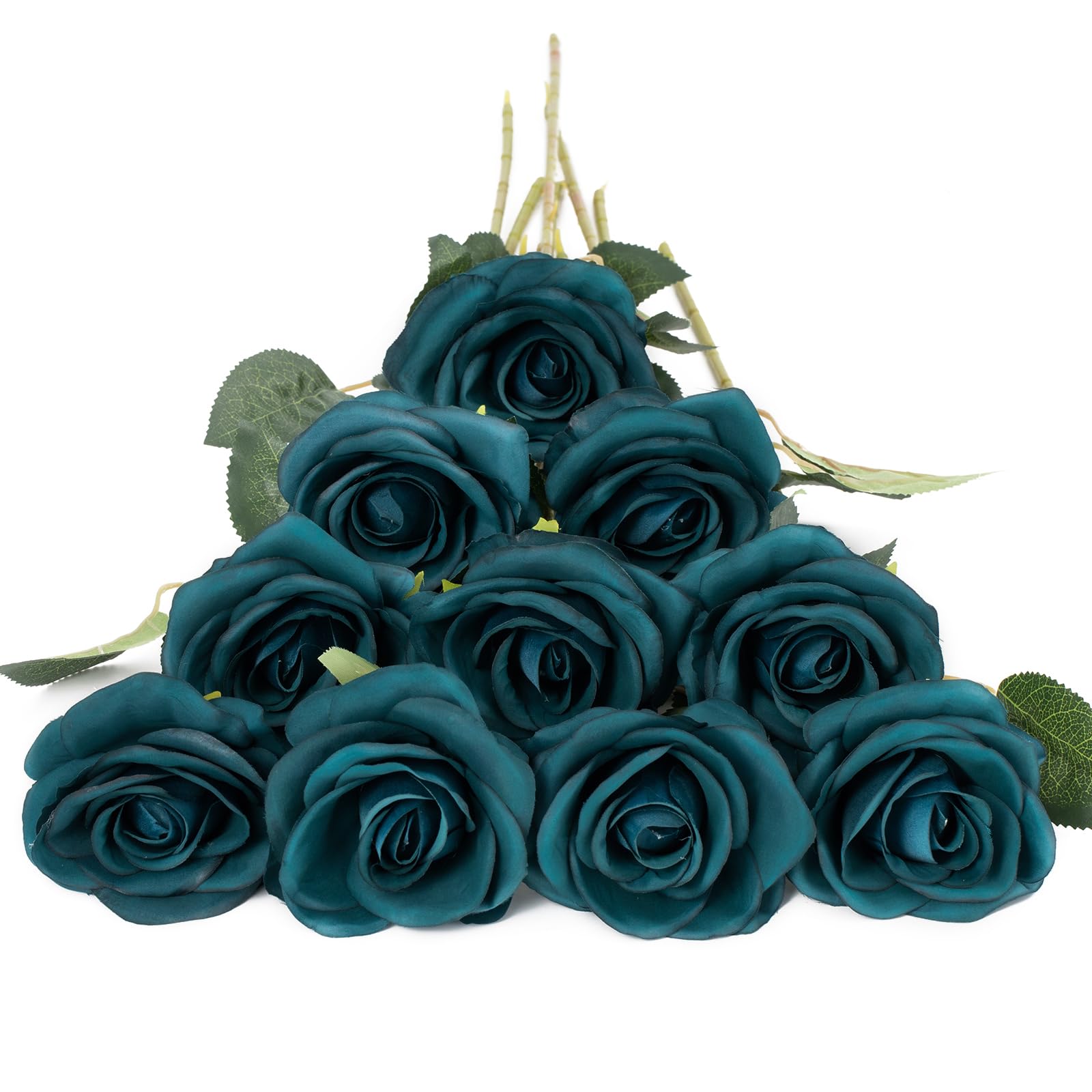 DuHouse 10Pcs Artificial Roses Fake Silk Flowers Realistic Bridal Bouquets with Single Long Plastic Stems for Arrangement Wedding Table Centerpiece Party Home Decor(Peacock Blue)