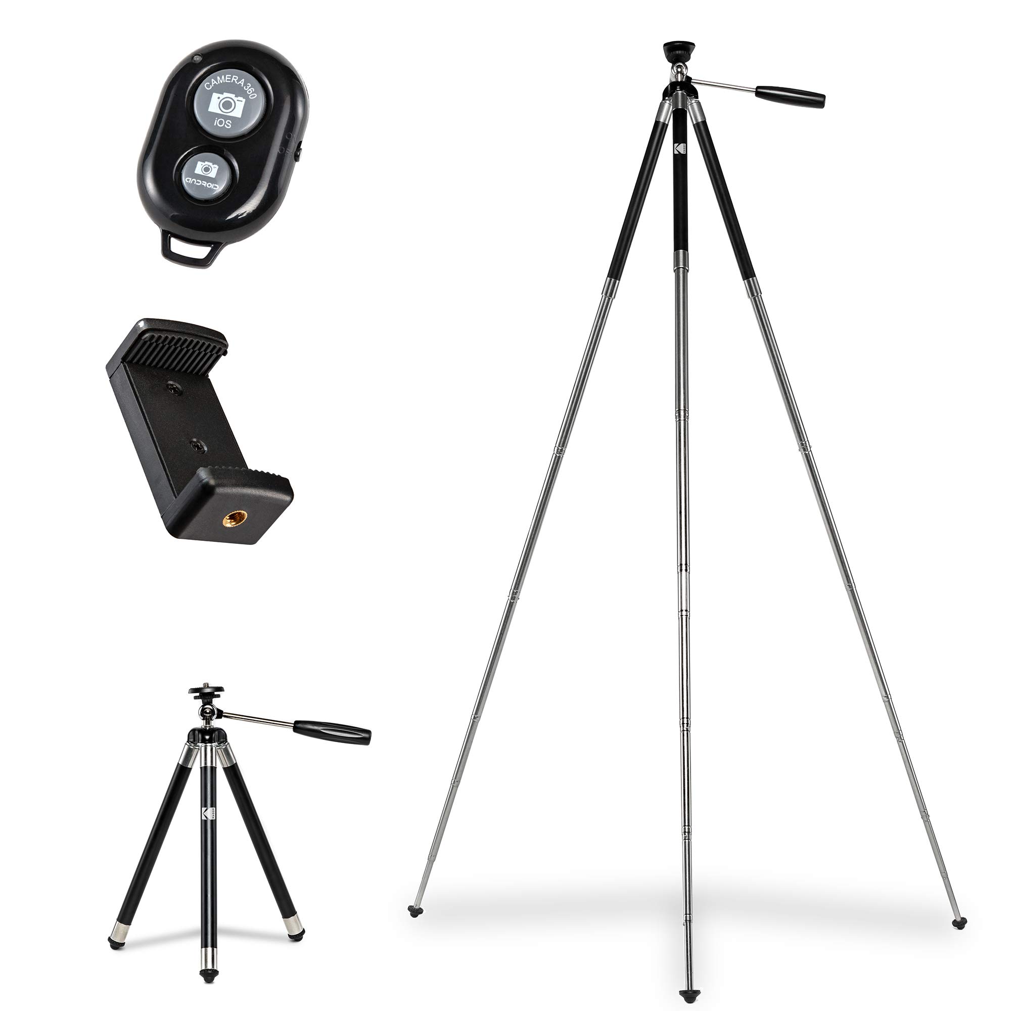 KODAK PhotoGear 42” Tripod | 8-Section Aluminum Stainless Steel Tripod w/Bluetooth Remote, Telescoping Leg-Lock Height Adjustment, 360° Ball Head, Rubber Feet, Smartphone Adapter E-Guide & Carry Case , Black